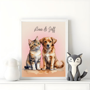 Poster Aquarelle de chat et chien mignonne
