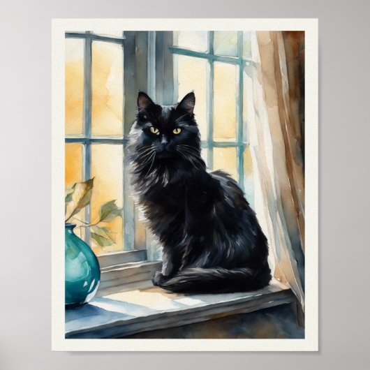 Poster Aquarelle de chat Perse Noir Aqua Vase (Devant)