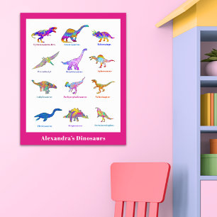 Poster Aquarelle de dinosaure magnifique avec noms rose P