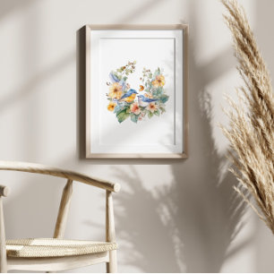 Poster Aquarelle de fleurs et d'oiseaux