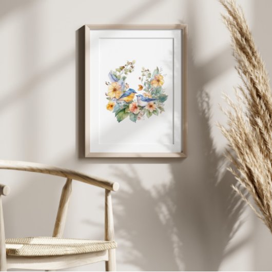 Poster Aquarelle de fleurs et d'oiseaux
