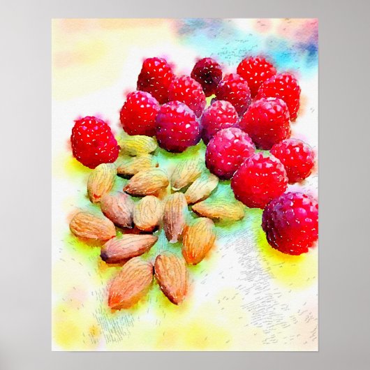 Poster Aquarelle de framboises et d'amandes (Devant)