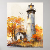 Poster Aquarelle de la côte vibrante d'automne phare d'au (Devant)