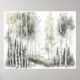 Poster Aquarelle de la forêt de Birch Blanc