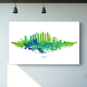 Poster Aquarelle de la skyline de New York en bleu et ver
