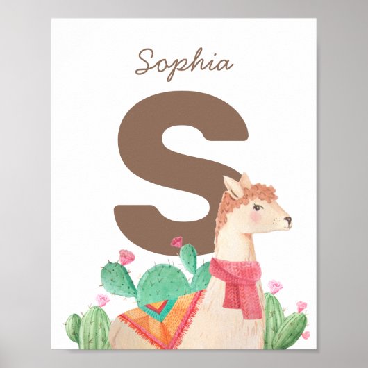 Poster Aquarelle de mignonette lama. Nom monogramme des b (Devant)