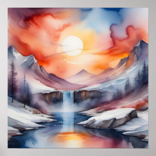 Poster Aquarelle de montagnes enneigées sous le coucher d