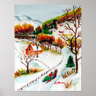 Poster Aquarelle de Noël de montagne de tour de Sleigh