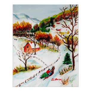 Poster Aquarelle de Noël de montagne de tour de Sleigh
