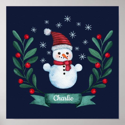 Poster Aquarelle de Noël Snowman Custom Navy Blue (Devant)