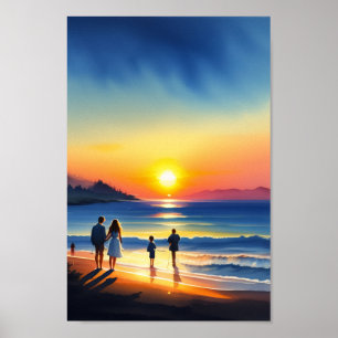 Poster Aquarelle de plage familiale Sunset