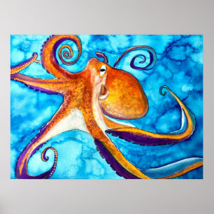 Poster Aquarelle de poulpe sous l'art marin