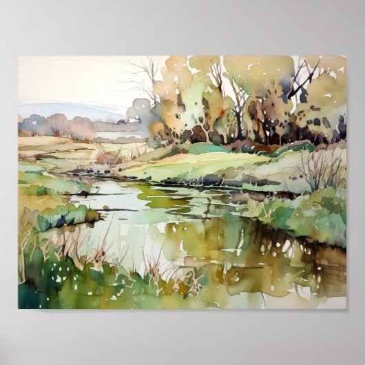 Poster Aquarelle de rivière rurale (Devant)