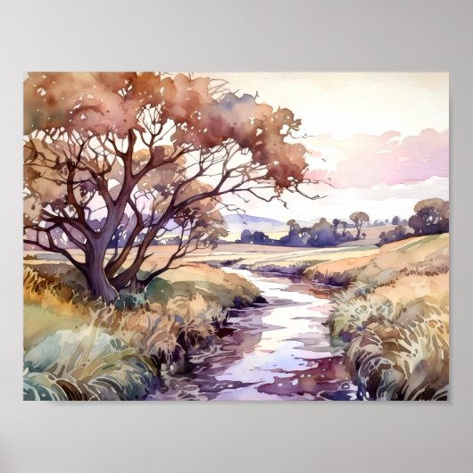 Poster Aquarelle de rivière rurale (Devant)