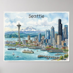 Poster Aquarelle de Seattle, Washington, Art de Voyage su