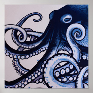 Poster Aquarelle de style japonais moderne bleu octopus