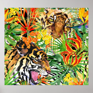 Poster Aquarelle de tigre tropical Motif de jungle