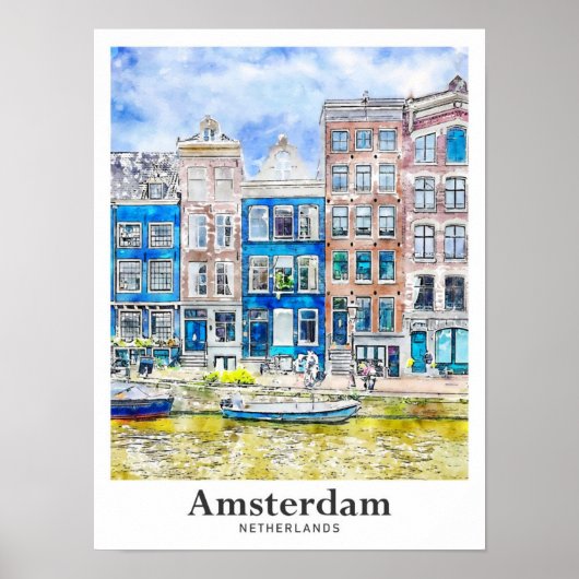 Poster Aquarelle de voyage Amsterdam Pays-Bas tirée à la  (Devant)
