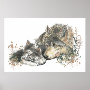 Poster Aquarelle des animaux de bois Loup Maman Cubes