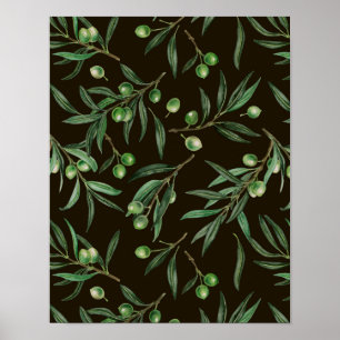 Poster Aquarelle des branches d'olive en noir