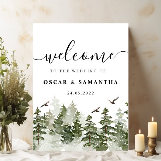 Poster Aquarelle d'hiver moderne Forêt verte avec neige