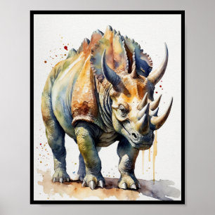 Poster Aquarelle Dinosaure Tricératops Ceratopus