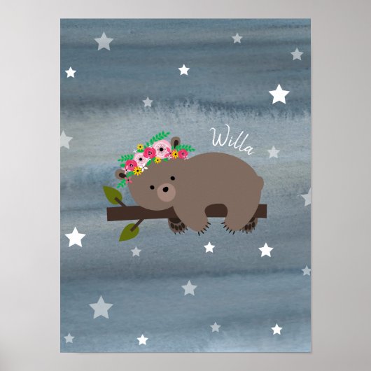 Poster Aquarelle d'Ours couché Floral Baby Nursery (Devant)