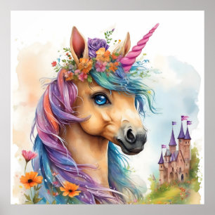 Poster Aquarelle Dreamy Unicorn avec Château et Fleurs