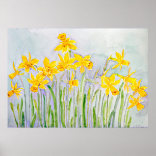 Poster aquarelle du champ de jonquilles jaunes peintes à 