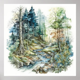 Poster Aquarelle du cours d'eau de forêt pacifique