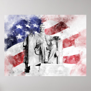 Poster Aquarelle du Lincoln Memorial avec drapeau américa