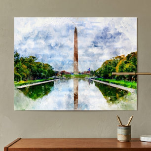 Poster Aquarelle du monument Washington avec reflet