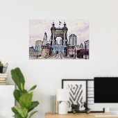 Poster Aquarelle du pont suspendu Cincinnati Roebling (Bureau à domicile)