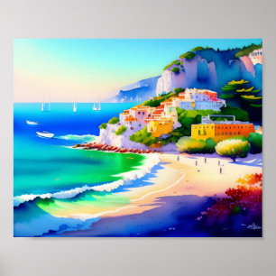 Poster Aquarelle du village de plage italien