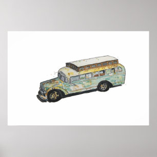 Poster Aquarelle d'un bus de camping-car rouillé 
