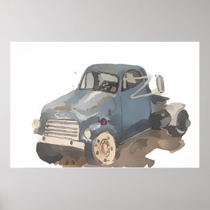 Poster Aquarelle d'un camion plat à plateau bleu gris
