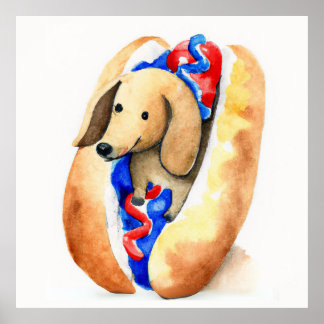 Poster Aquarelle d'un Dachshund dans un Hot Dog Bun