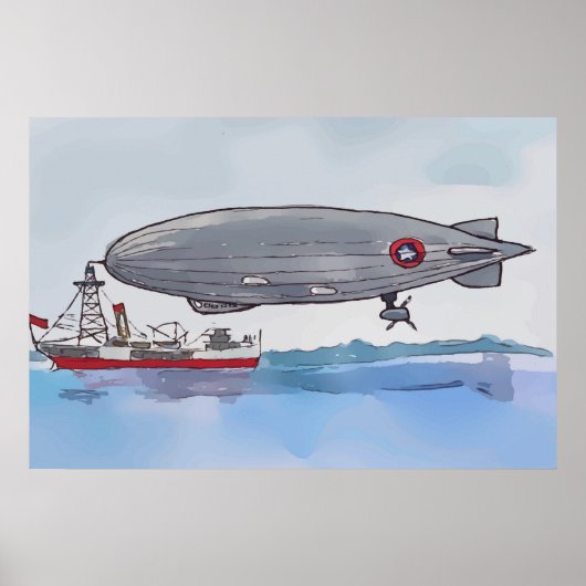 Poster Aquarelle d'un dirigeable amarré à un bateau (Devant)