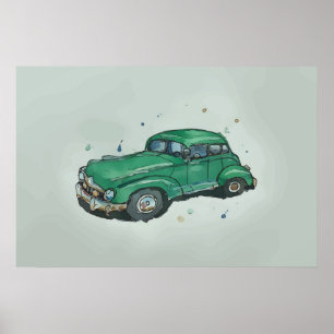 Poster Aquarelle d'une vieille berline antique verte roui