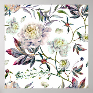 Poster Aquarelle Elegant Motif sans couture en blanc