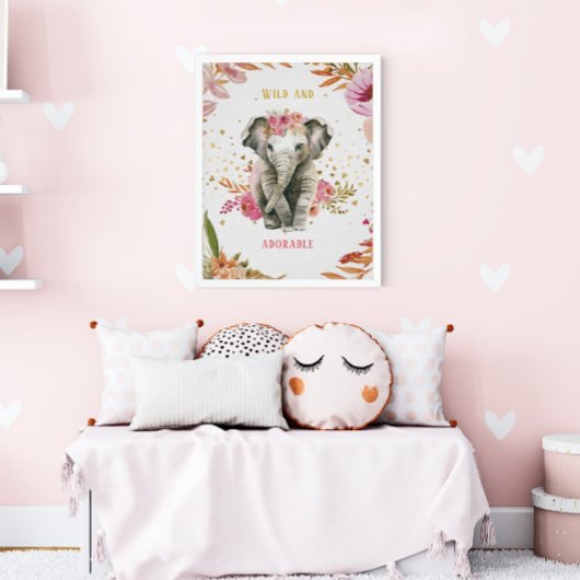 Poster Aquarelle Eléphant Fleurs Roses Fille Nursery