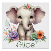 Poster Aquarelle Eléphante Cute Avec Nom Monogramme | (Devant)