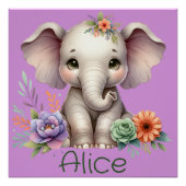 Poster Aquarelle Eléphante Cute Avec Nom Monogramme | (Devant)