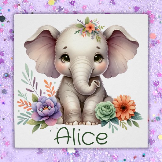 Poster Aquarelle Eléphante Cute Avec Nom Monogramme |
