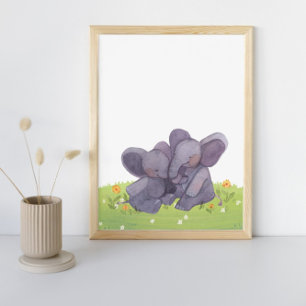Poster Aquarelle Eléphants Fleurs Et Pépinière D'Herbe