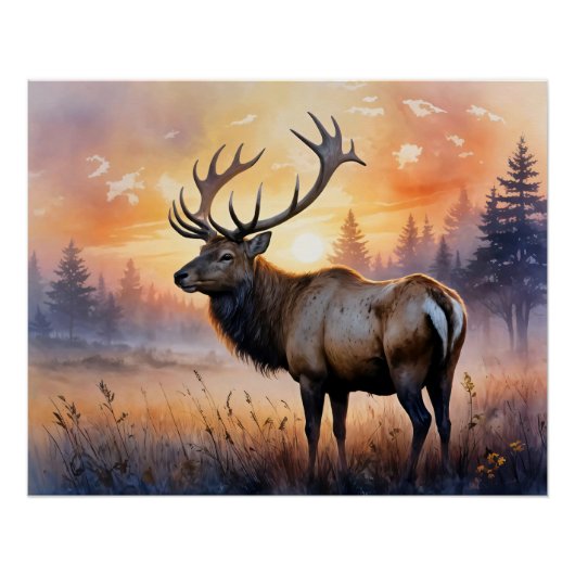 Poster Aquarelle Elk au lever du soleil (Devant)