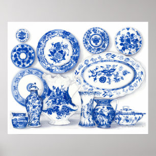 Poster Aquarelle en porcelaine bleue