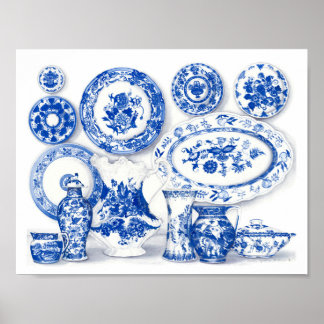 Poster Aquarelle en porcelaine bleue