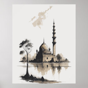 Poster Aquarelle Encre Peinture de la mosquée en noir et 