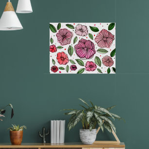 Poster Aquarelle et fleurs d'encre - rose et vert